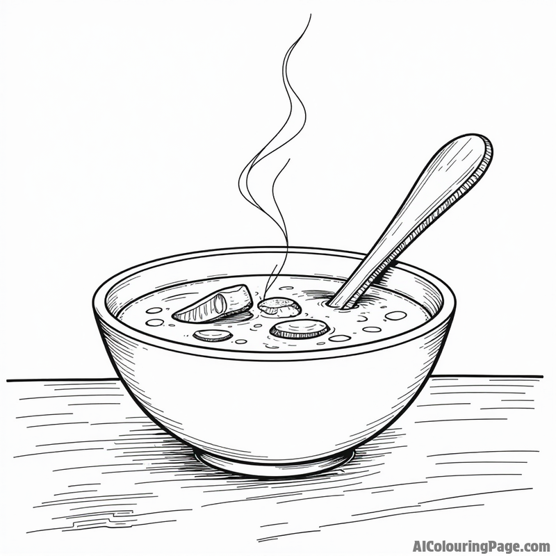 A steaming bowl of soup on a wooden table