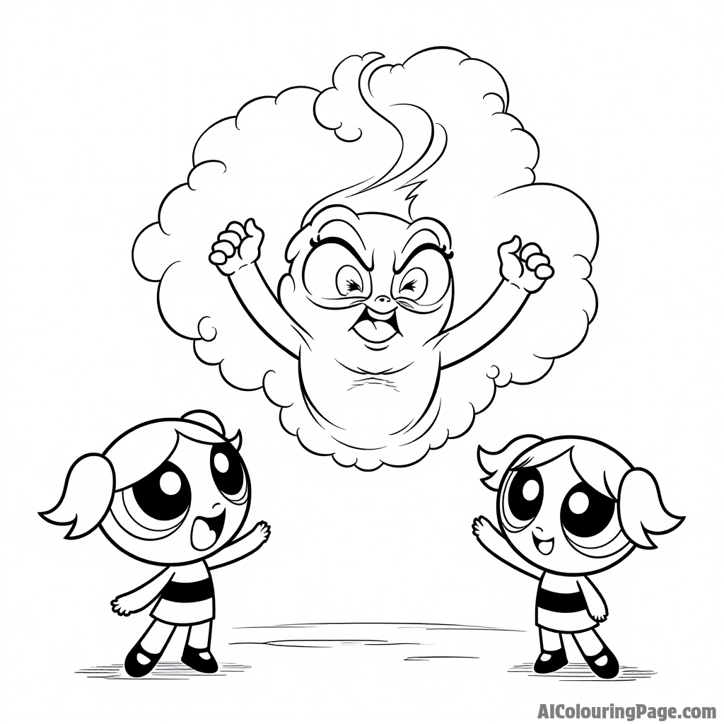 Him conjuring up mischief with swirling clouds, while the Powerpuff Girls prepare to battle him in a dynamic pose