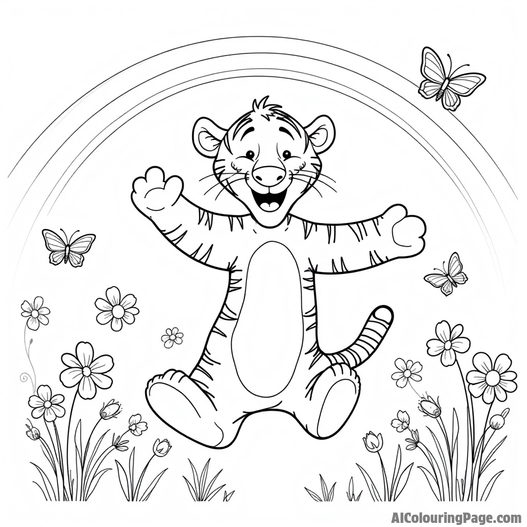 Tigger bouncing through a field of daisies, with butterflies fluttering around and a rainbow arching in the sky.