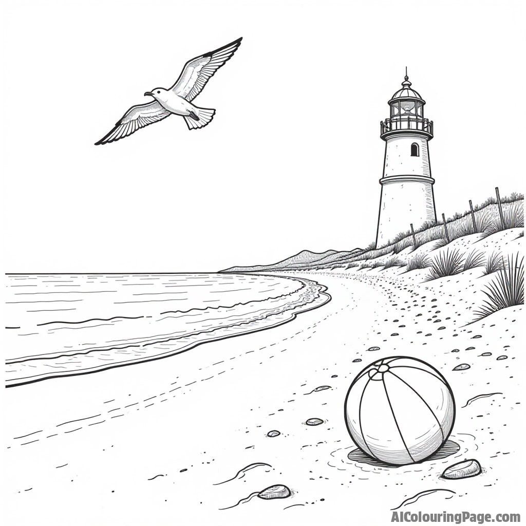 A sandy beach with a lighthouse in the background, a beach ball, and a seagull soaring overhead in a sunny sky.