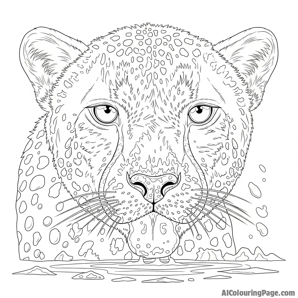 A cheetah's face splattered with mud after drinking from a muddy waterhole.