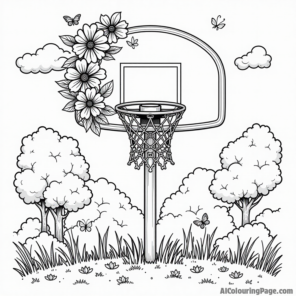 A basketball hoop adorned with colorful flowers and butterflies, set in a peaceful park, creating a whimsical scene perfect for a black and white coloring page.