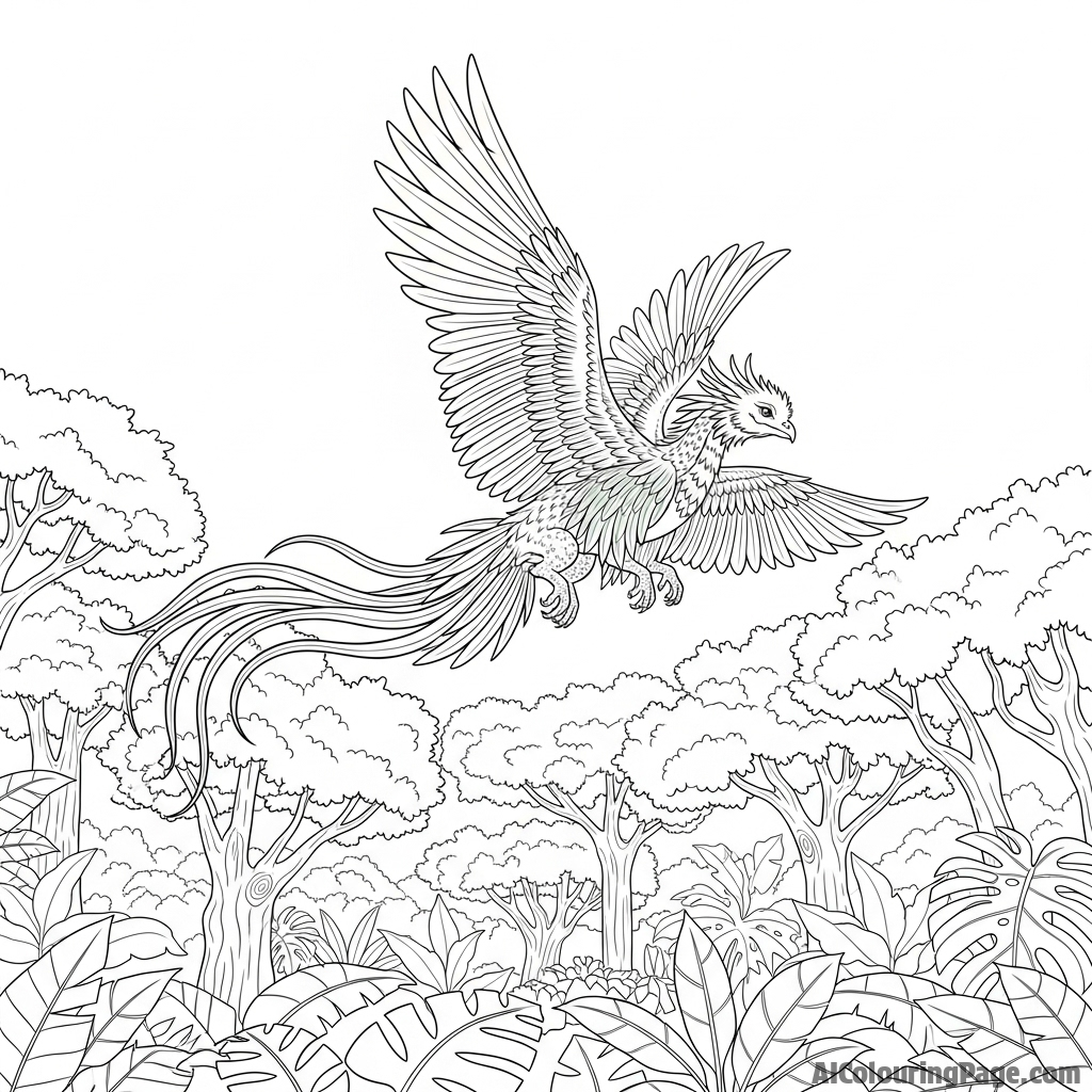 A feathered dragon, reminiscent of a quetzal, soaring above a jungle canopy.