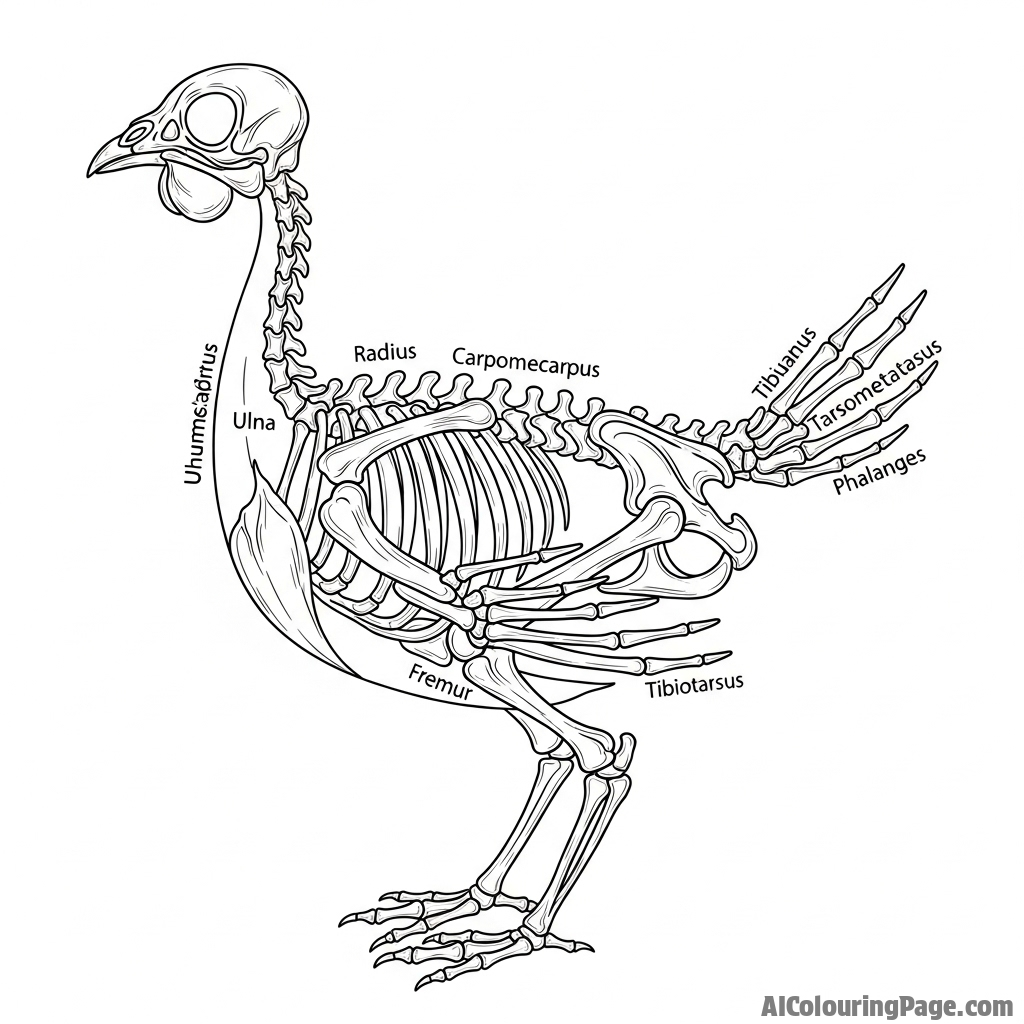 A detailed anatomical sketch of a chicken's skeleton.