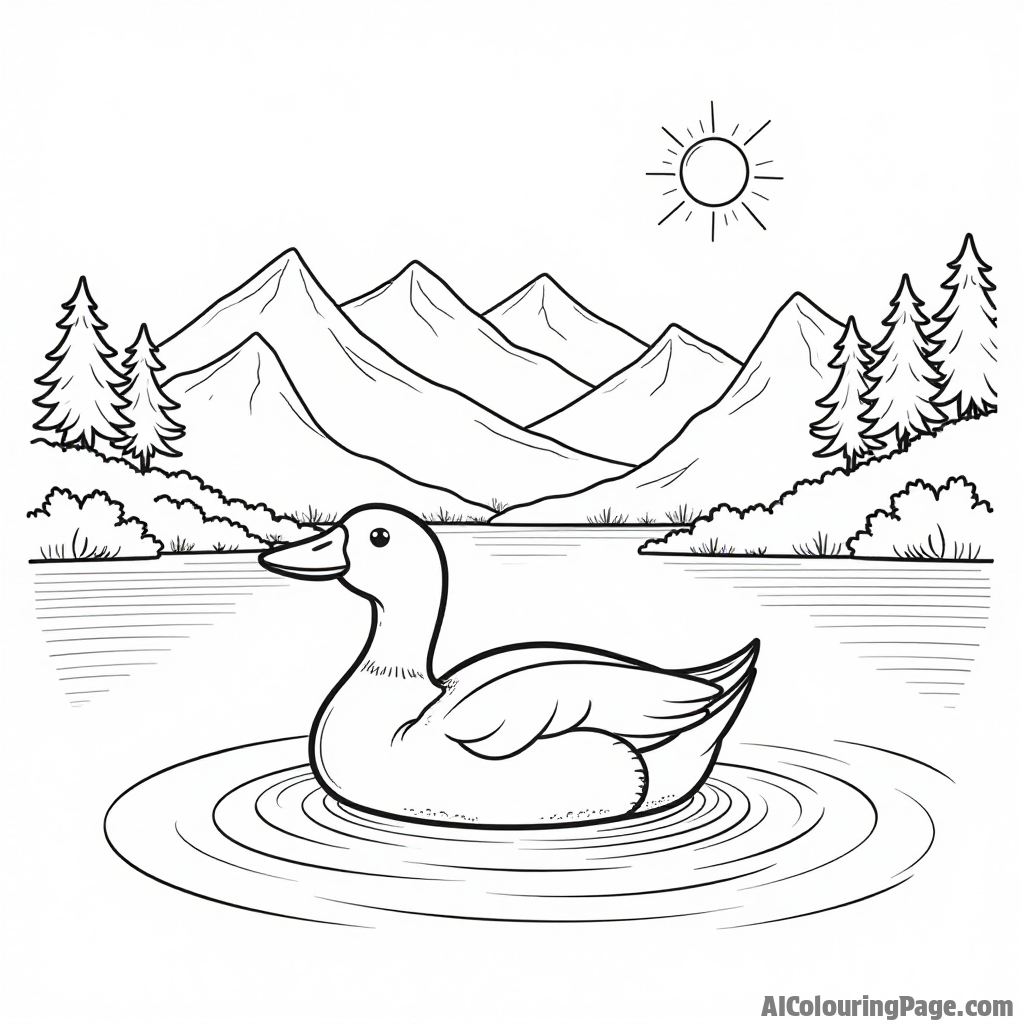 A duck swimming gracefully on a lake with a backdrop of mountains and a bright sun shining above.