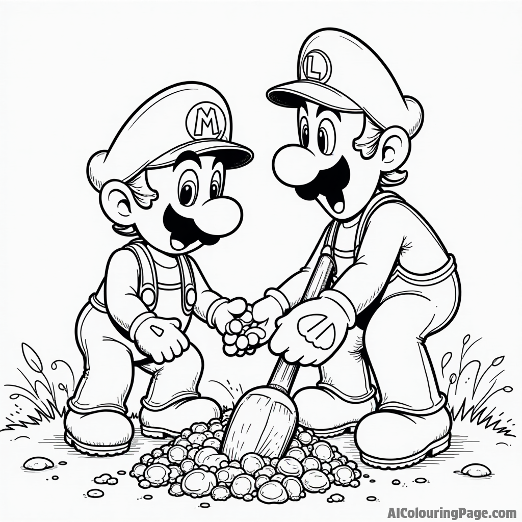 Luigi digging for treasure in the ground with Mario looking surprised at what he finds.