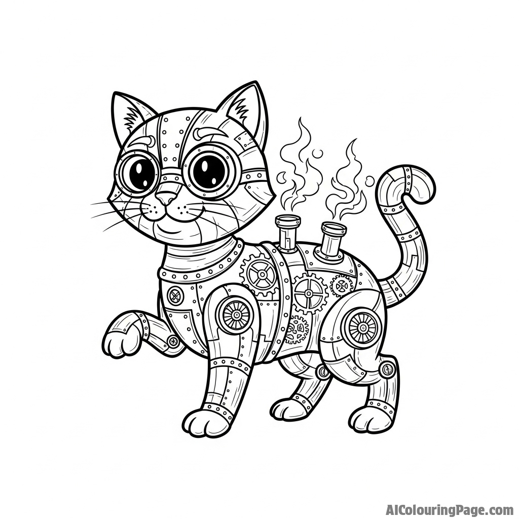 A steampunk cat with gears and cogs integrated into its metallic form.