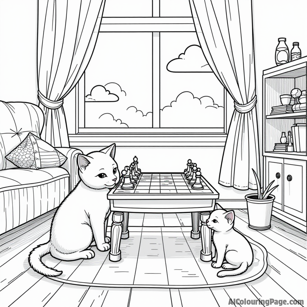 A cozy room with a chessboard on the table, surrounded by playful toys and a curious kitten, inviting kids to color their own imaginative playtime scene in black and white.