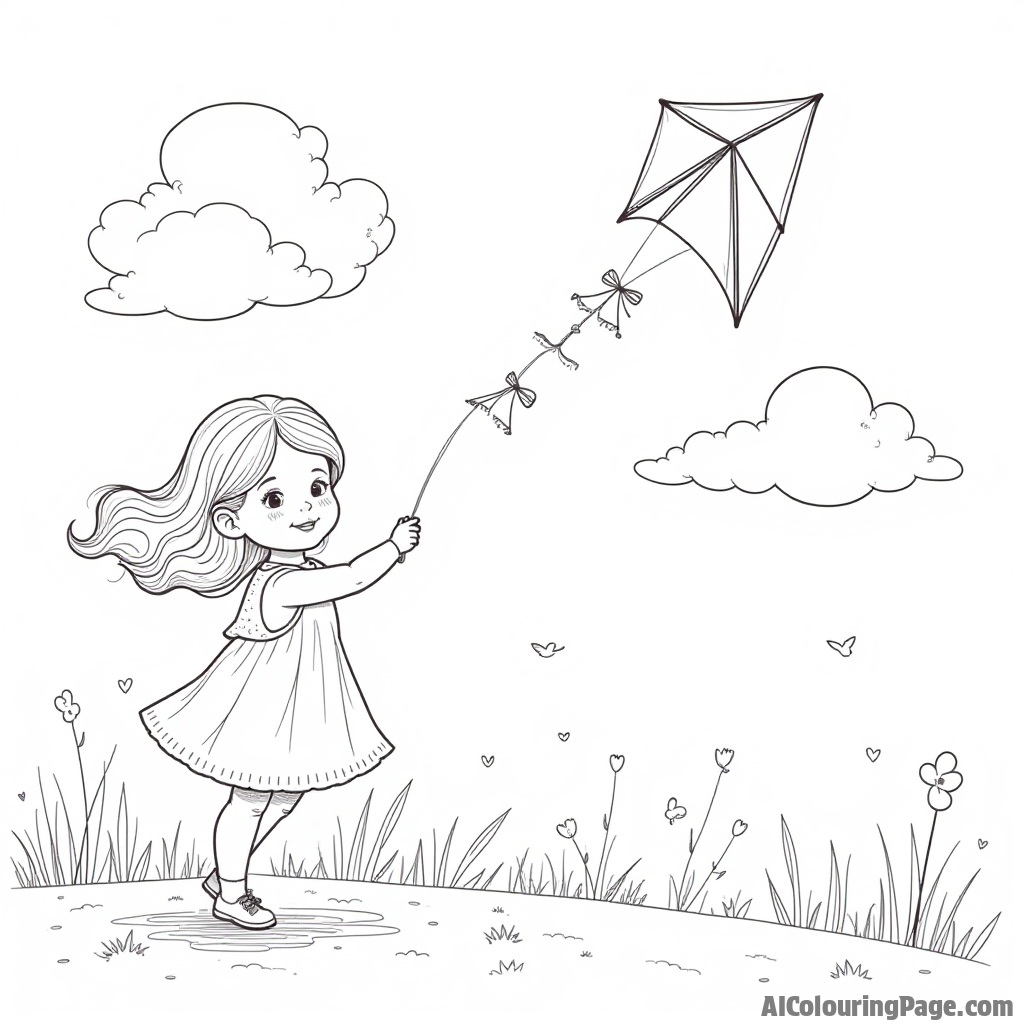 A doll flying a kite on a breezy day, with clouds and birds in the sky, perfect for children to add their colors to the scene.