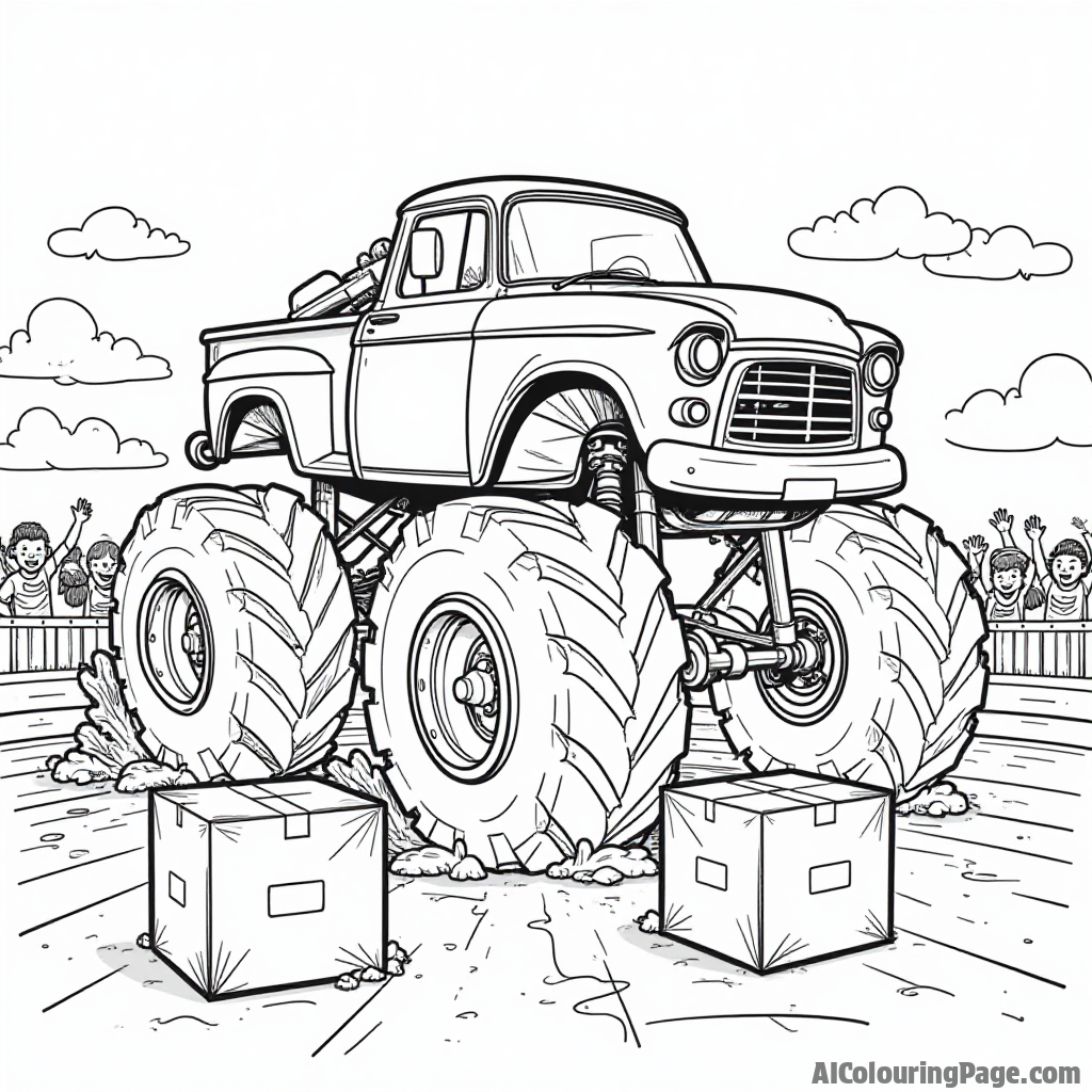 A monster truck smashing through cardboard boxes in a fun demolition derby, with excited kids counting down in the background, perfect for a thrilling coloring page for young fans.