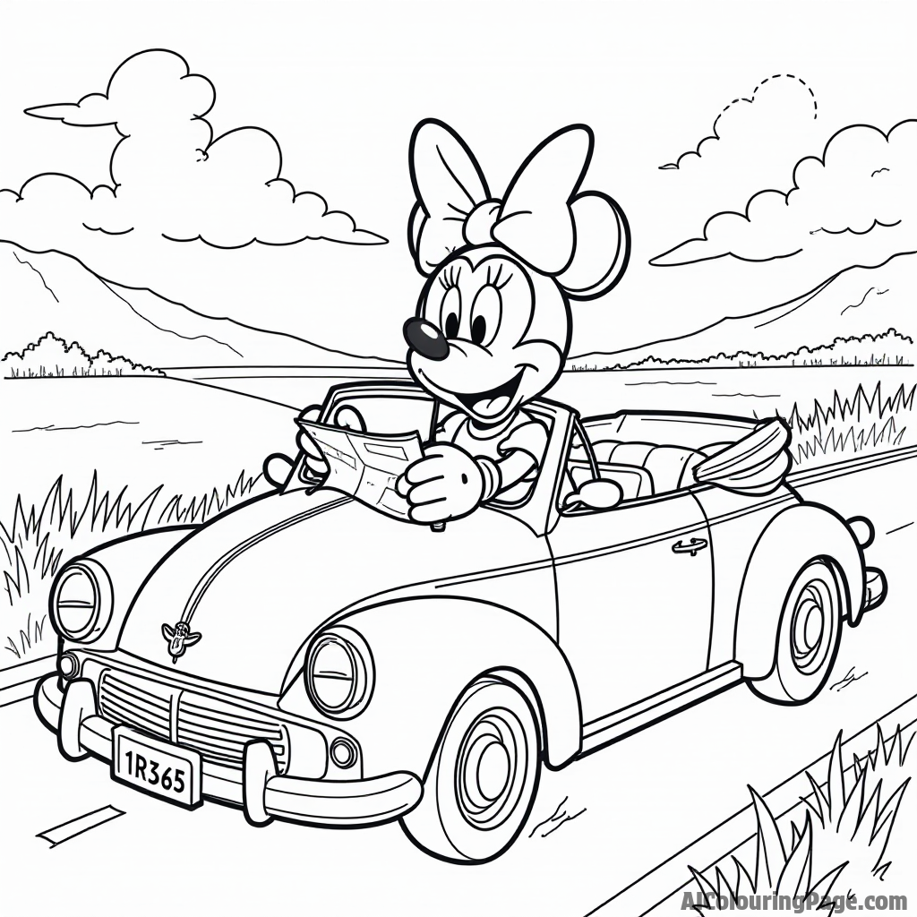 Minnie Mouse on a road trip, driving a convertible, with a map and sunglasses, enjoying the beautiful scenery