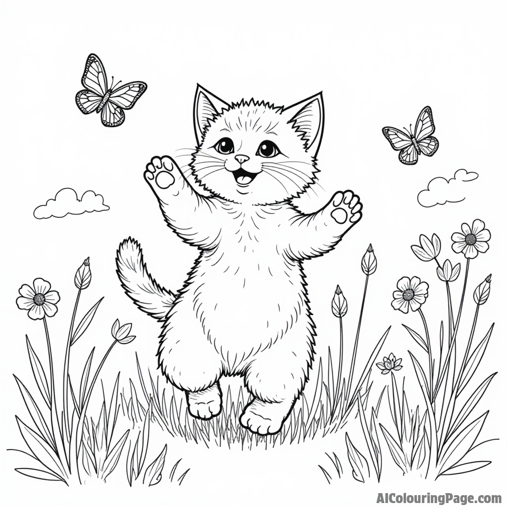 A playful kitten chasing butterflies in a meadow, with tall grass and colorful flowers swaying in the autumn breeze.