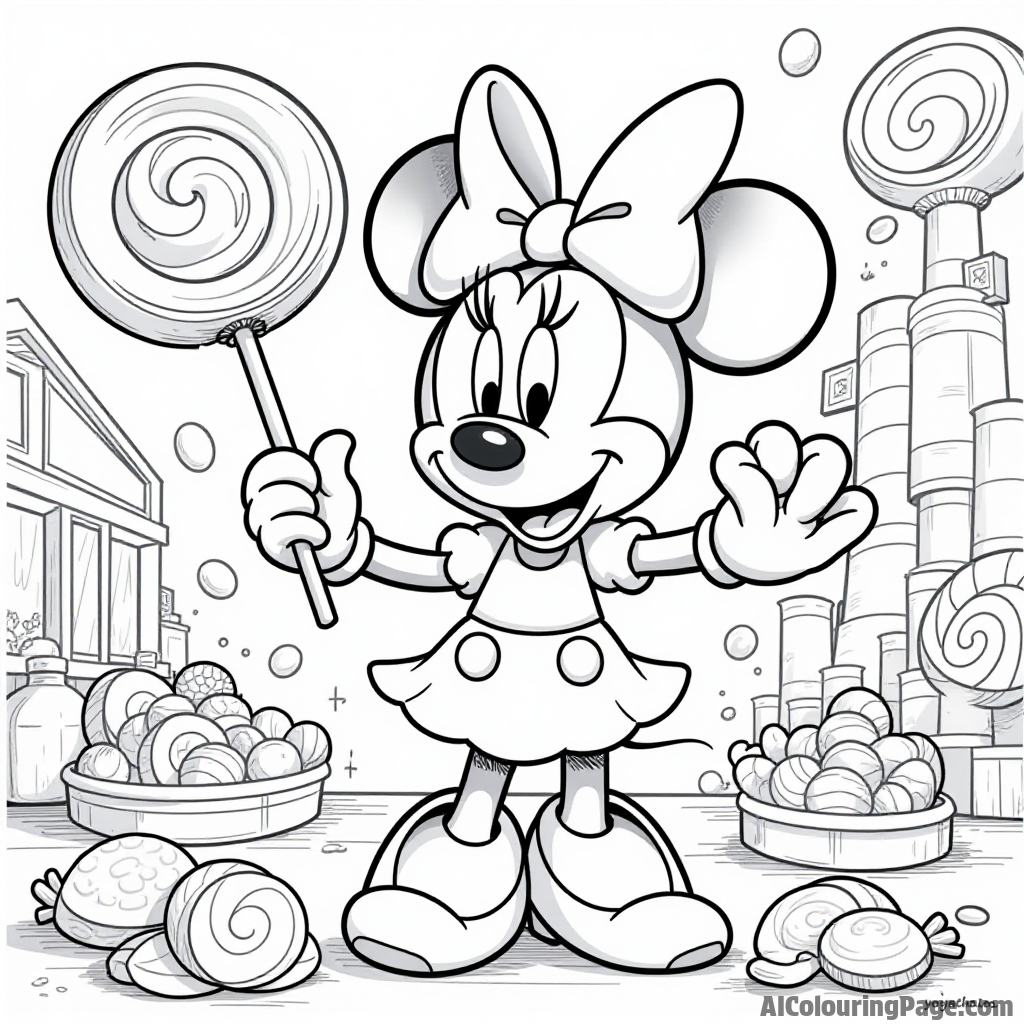 Minnie Mouse visiting a candy factory, surrounded by giant lollipops and colorful candies, with a big smile on her face