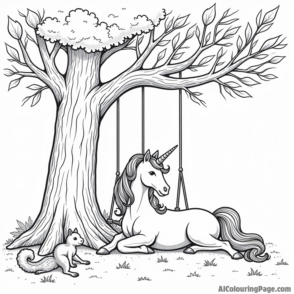 A unicorn resting under a giant tree with a swing made of vines, while playful squirrels frolic nearby, perfect for coloring.