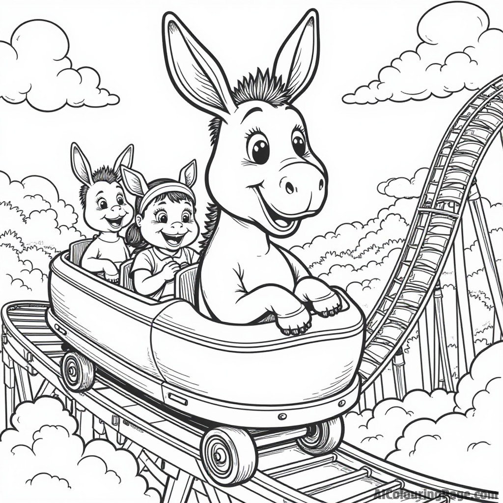 A donkey riding a roller coaster at an amusement park, with excitement and joy on its face, surrounded by friends