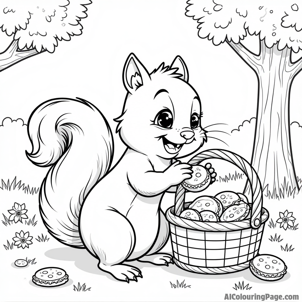 An adventurous squirrel collecting cookies from a picnic basket in a lush park, with a mischievous look on its face.