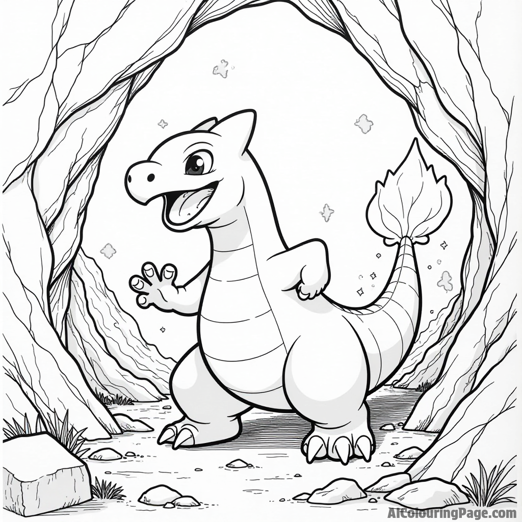 A strong Onix winding through a rocky cave with shining crystals and other rock Pokémon cheering it on.