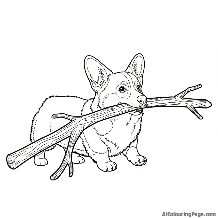 A corgi attempting to carry a stick that is far too big for it.