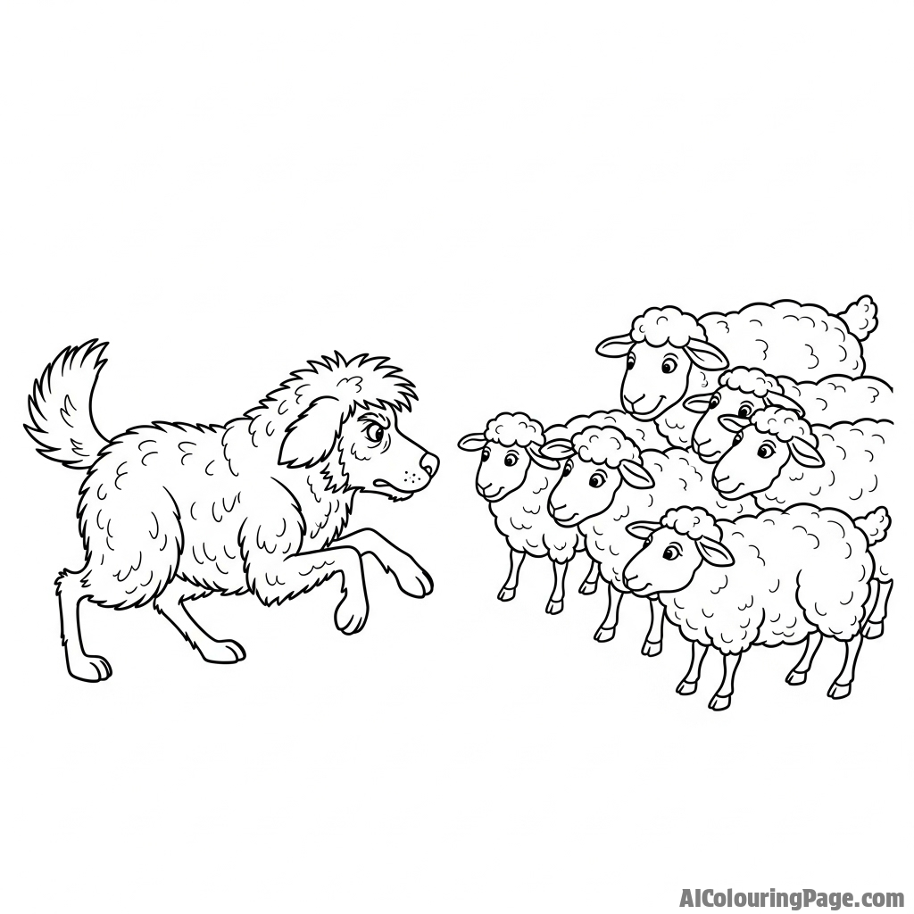 A sheepdog intensely focused on herding a flock of sheep.
