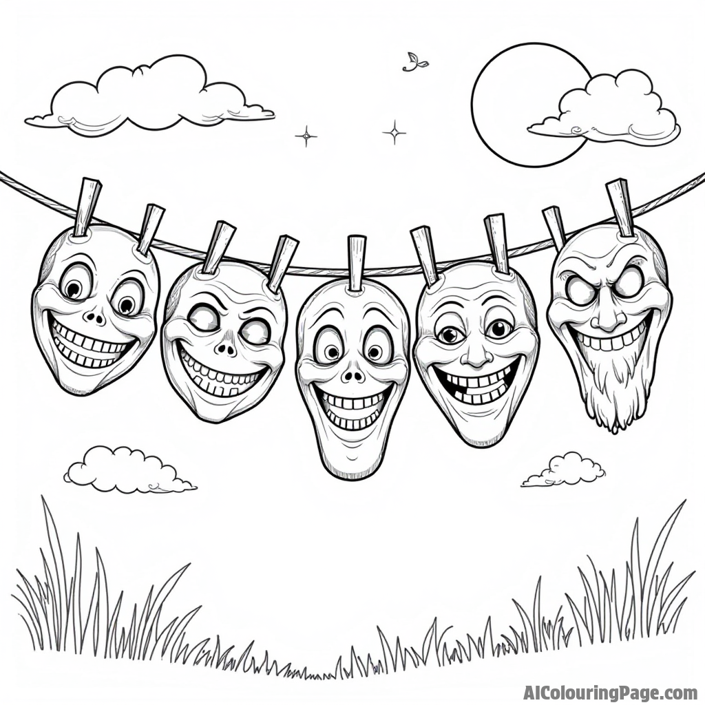 A collection of whimsical Halloween masks hanging on a clothesline with a moonlit sky in the background.