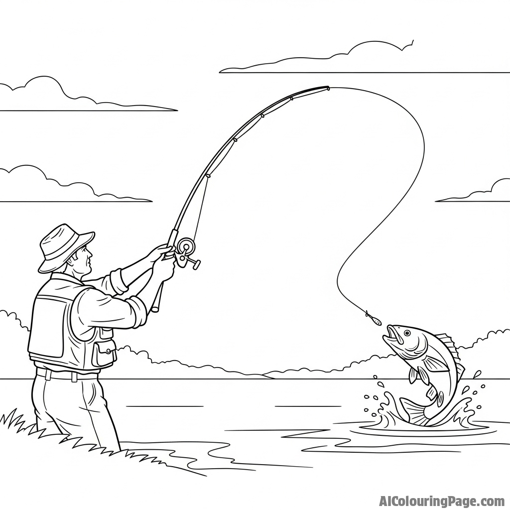 A fisherman casting a line, a fish leaping for the bait in the distance.