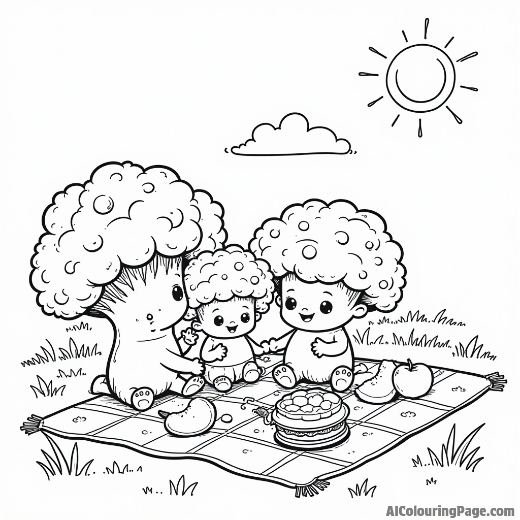 A cute broccoli family having a picnic on a checkered blanket, with fruits and sandwiches laid out under a sunny sky.