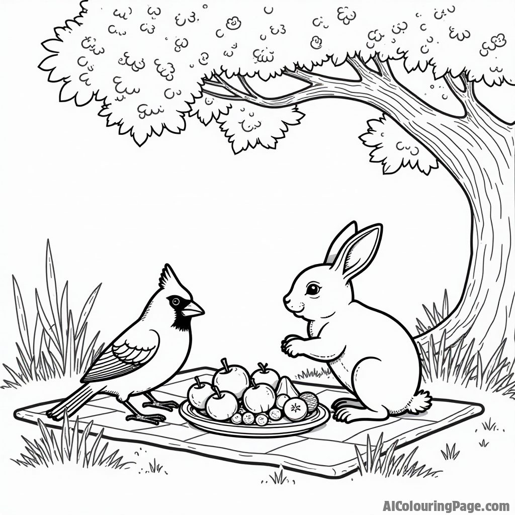 A cardinal and a rabbit sharing a picnic under a large tree, with snacks and fruits laid out for delightful coloring.