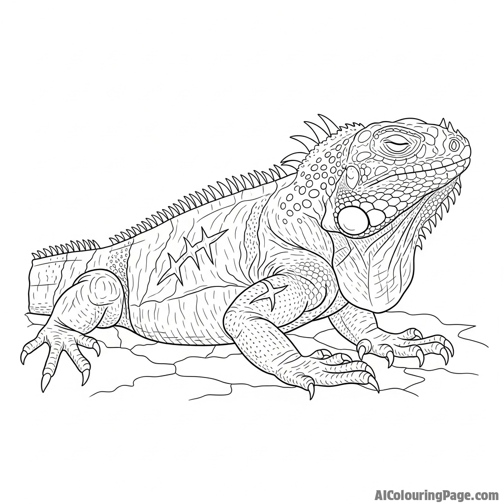 A weathered, old iguana with scars on its hide, resting on sun-baked earth.