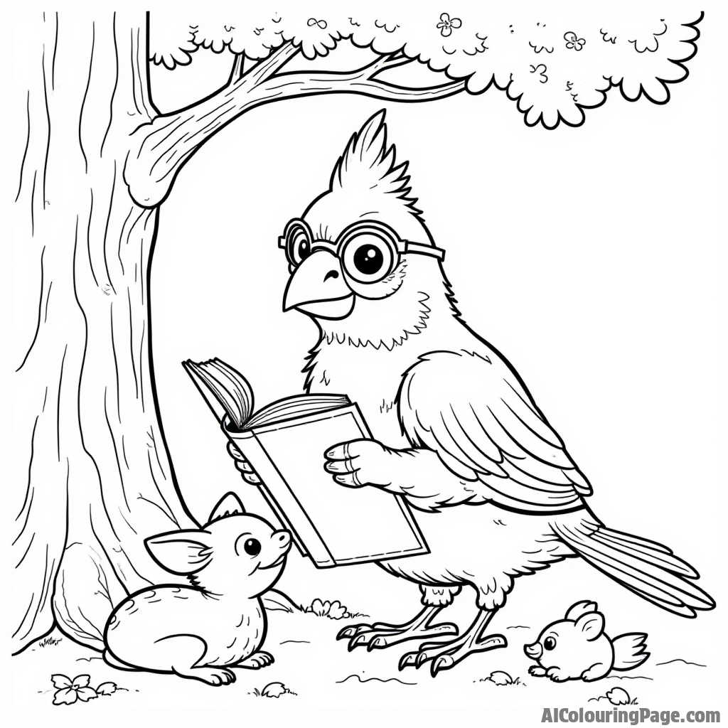 A wise old cardinal wearing glasses, reading a book under a tree, with playful woodland creatures around for fun coloring.