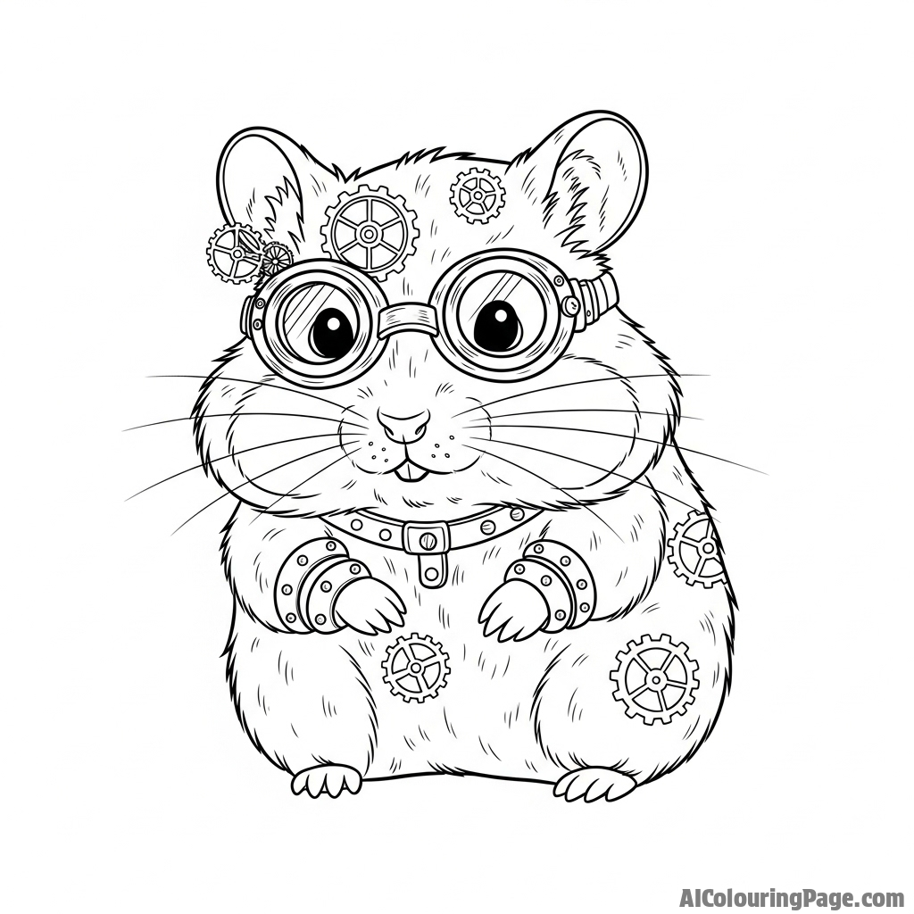 A steampunk hamster with tiny brass goggles and gear accessories