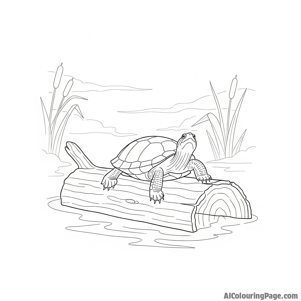 A turtle basking on a sun-drenched log in a misty pond.