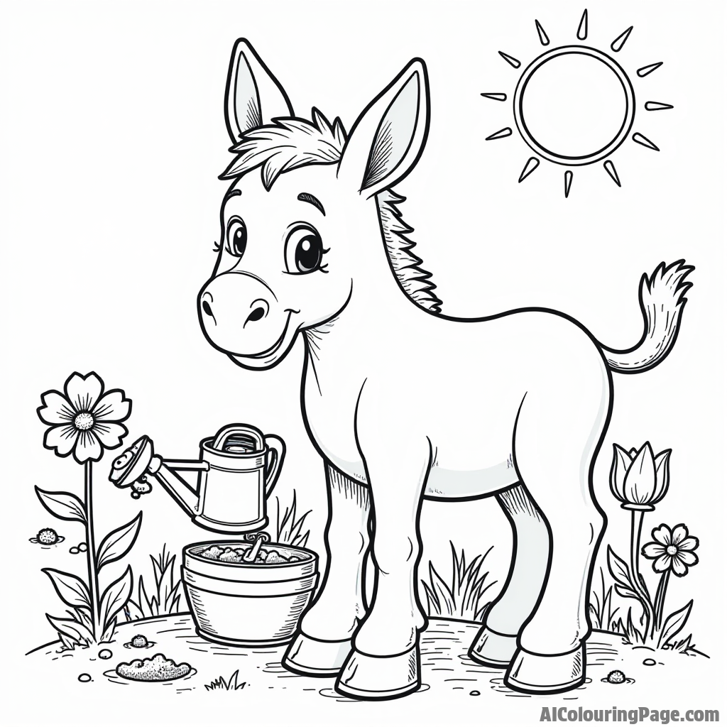 A donkey planting flowers in a garden, with watering can and gardening tools scattered around, under a bright sun