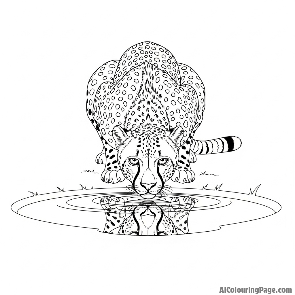A cheetah drinking from a still waterhole, its reflection rippling on the surface.