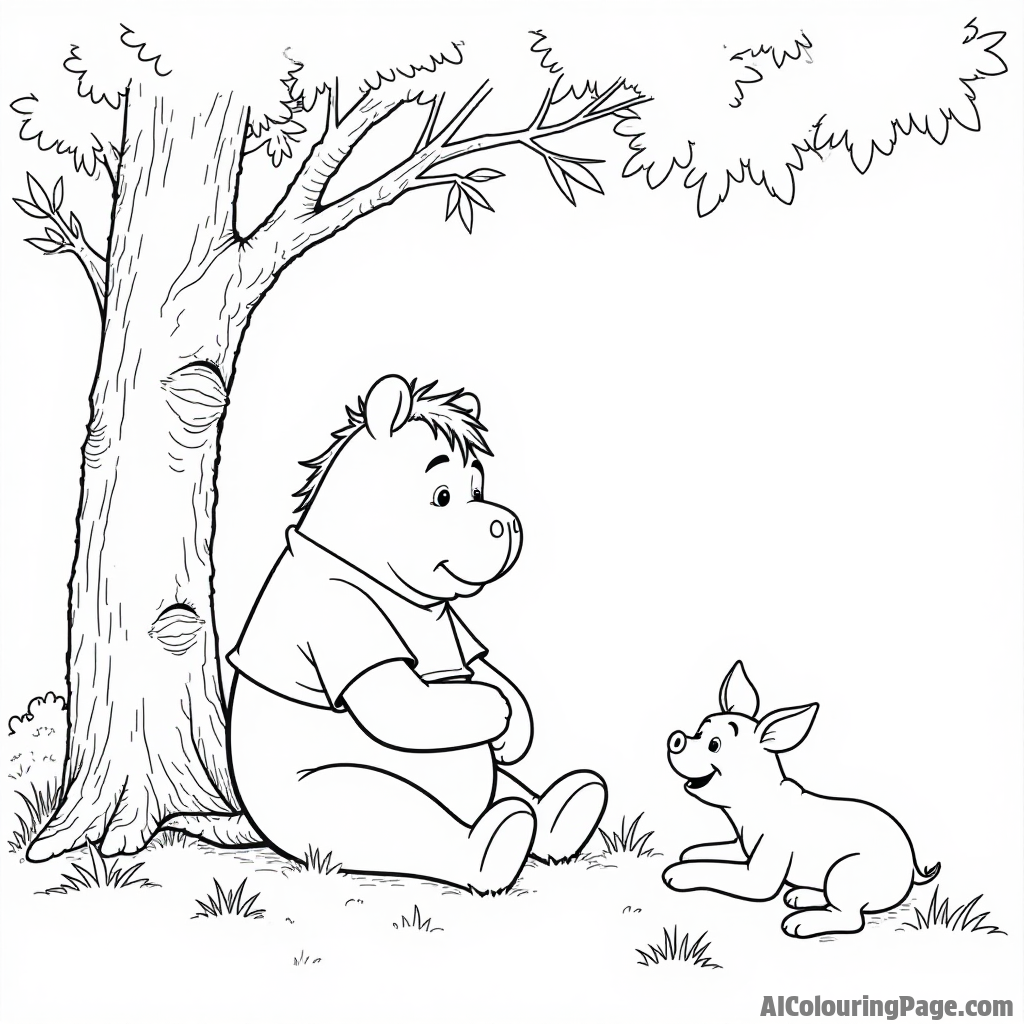 Eeyore sitting under a tree with a thoughtful expression, while Pooh and Piglet share honey sandwiches nearby.