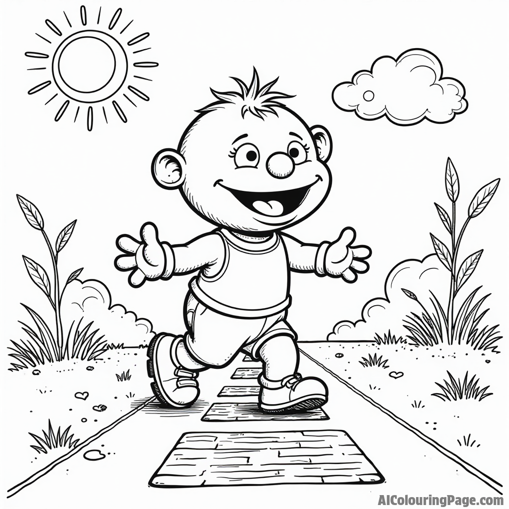 A Muppet baby playing hopscotch on a sidewalk, with colorful chalk drawings and a sunny day shining above.