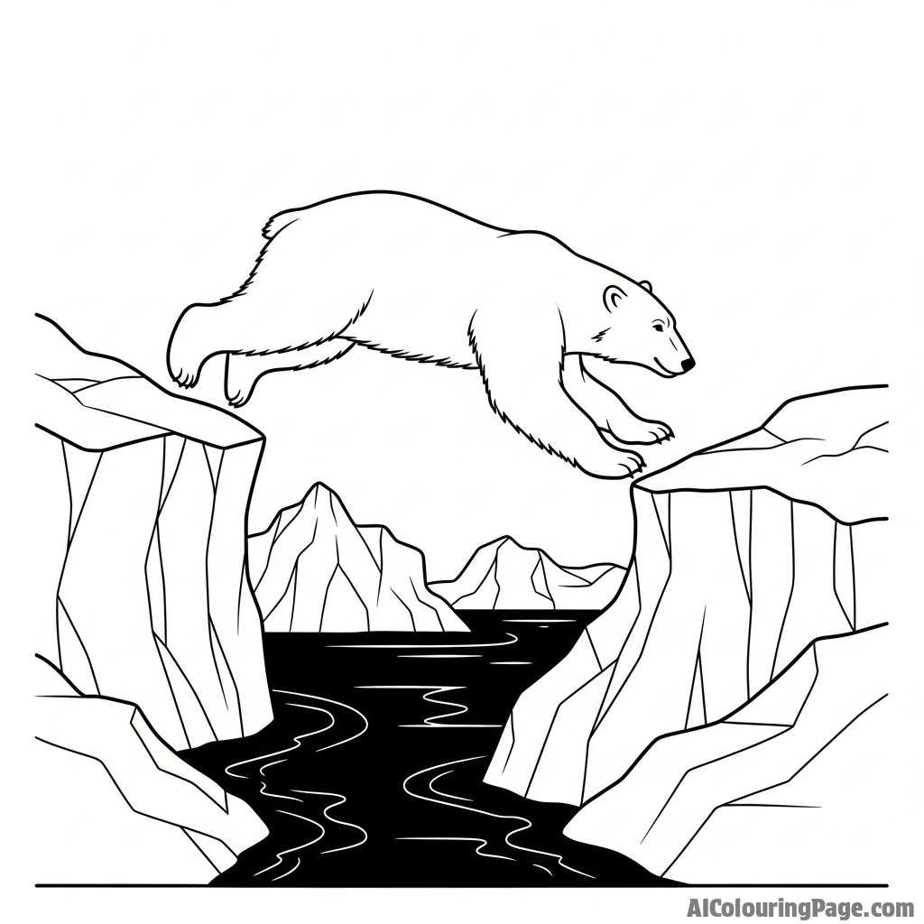 A polar bear leaping from one iceberg to another across a channel of dark water.