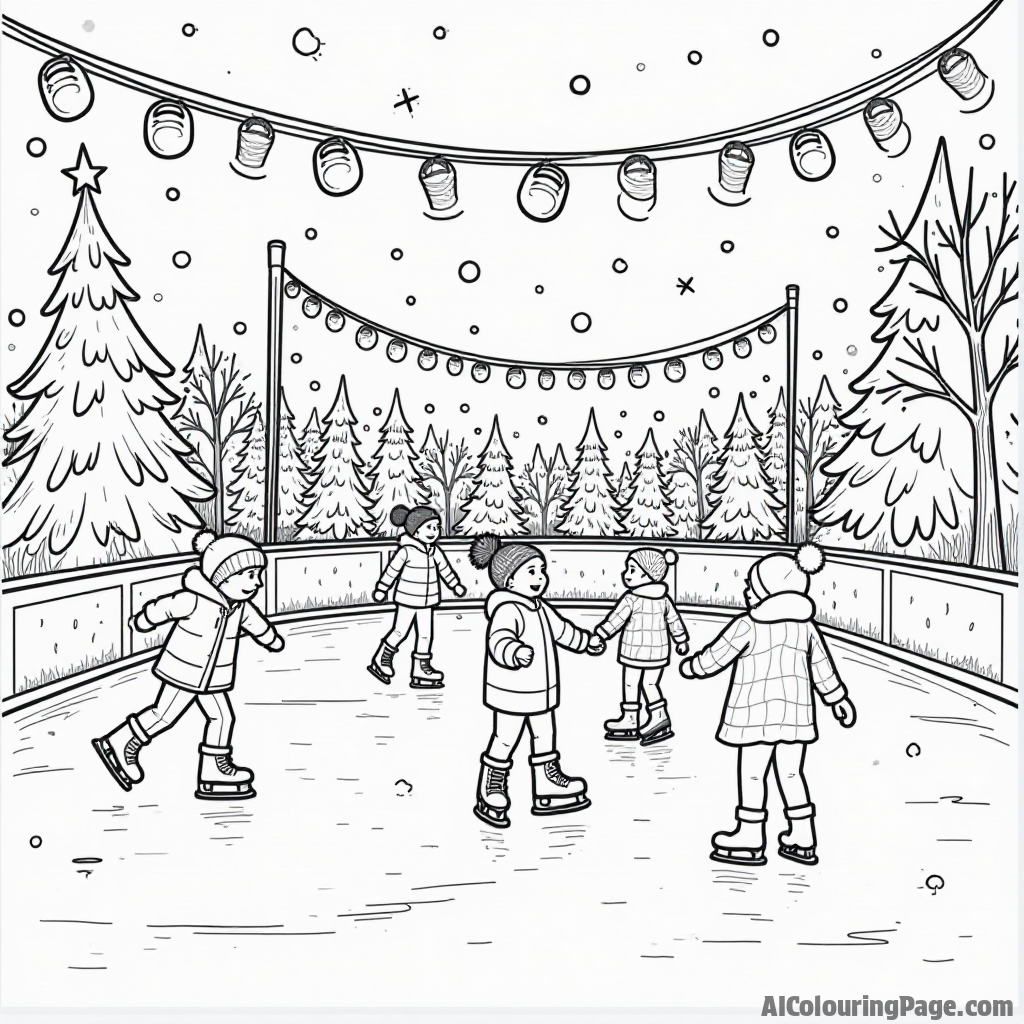 A fun ice skating rink filled with children, decorated with twinkling lights and holiday banners, creating a vibrant winter sports scene for kids to color and express their creativity.