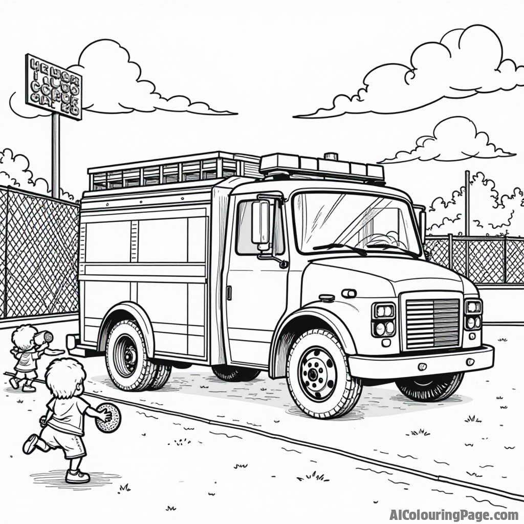 A fire truck parked beside a baseball field, with kids gathered around playing catch and cheering, all set for an exciting coloring experience.