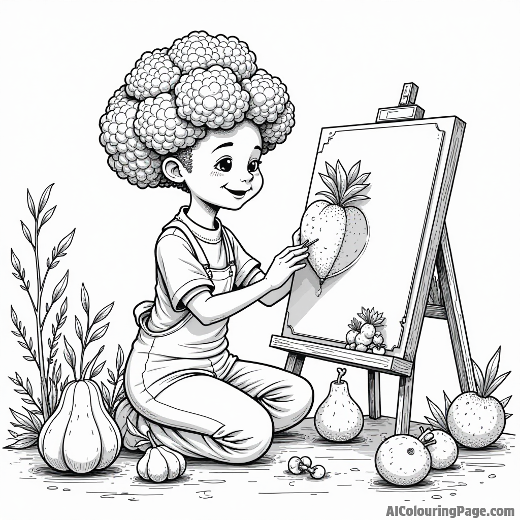 A broccoli artist sculpting a statue made of fruits and vegetables, surrounded by admiring vegetable friends in an art studio.