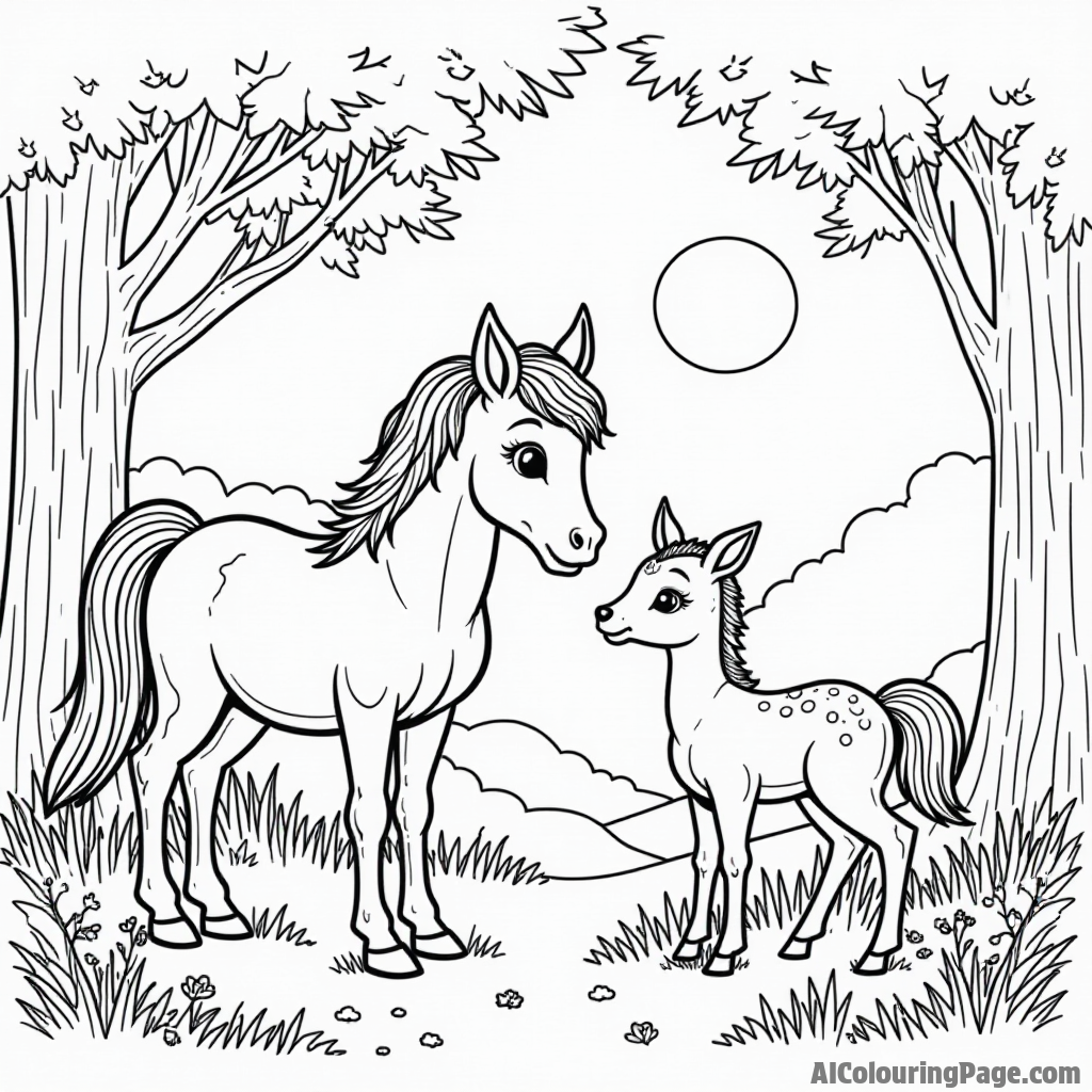 A pony and a baby deer sharing a moment in a serene forest with soft sunlight filtering through the trees.