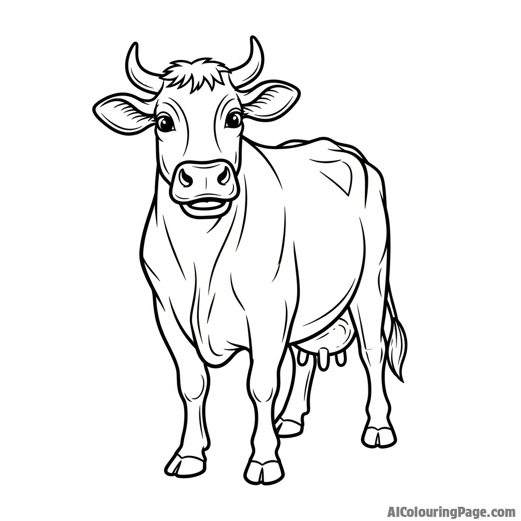 A cow rendered in the style of a vintage, woodblock-print storybook illustration.