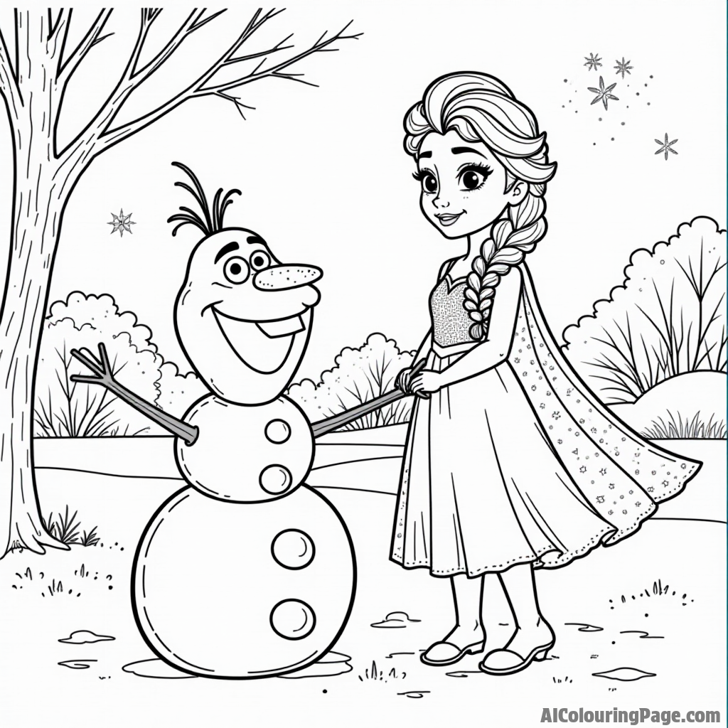 Elsa and a playful snowman enjoying a sunny winter day