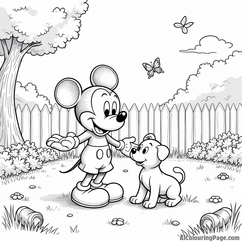 Mickey Mouse playing with puppies in a sunny backyard, with toys scattered around and butterflies fluttering.