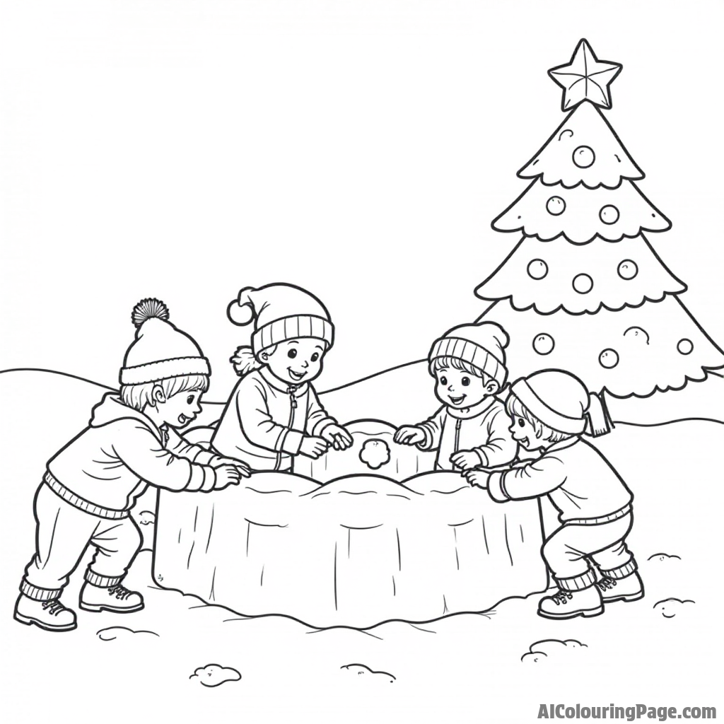 A group of children building a snow fort, with snowballs ready to throw, and a decorated tree in the background.