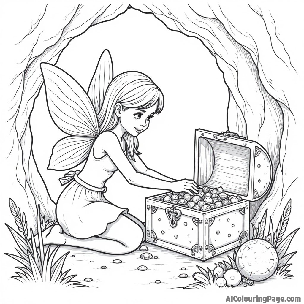 A fairy discovering a hidden treasure chest filled with jewels and enchanted objects in a secret cave