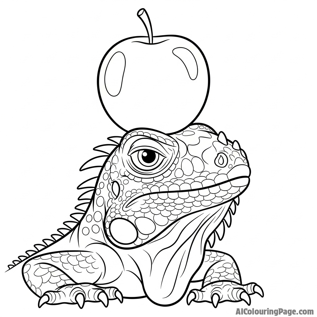 A comical shot of an iguana with a piece of fruit stuck on its head.