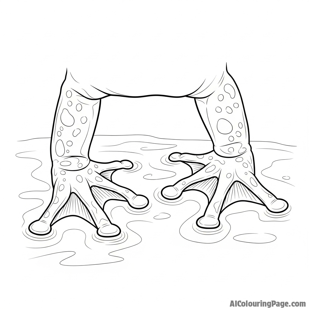 A close-up on a frog's webbed feet, spread out on a wet surface.