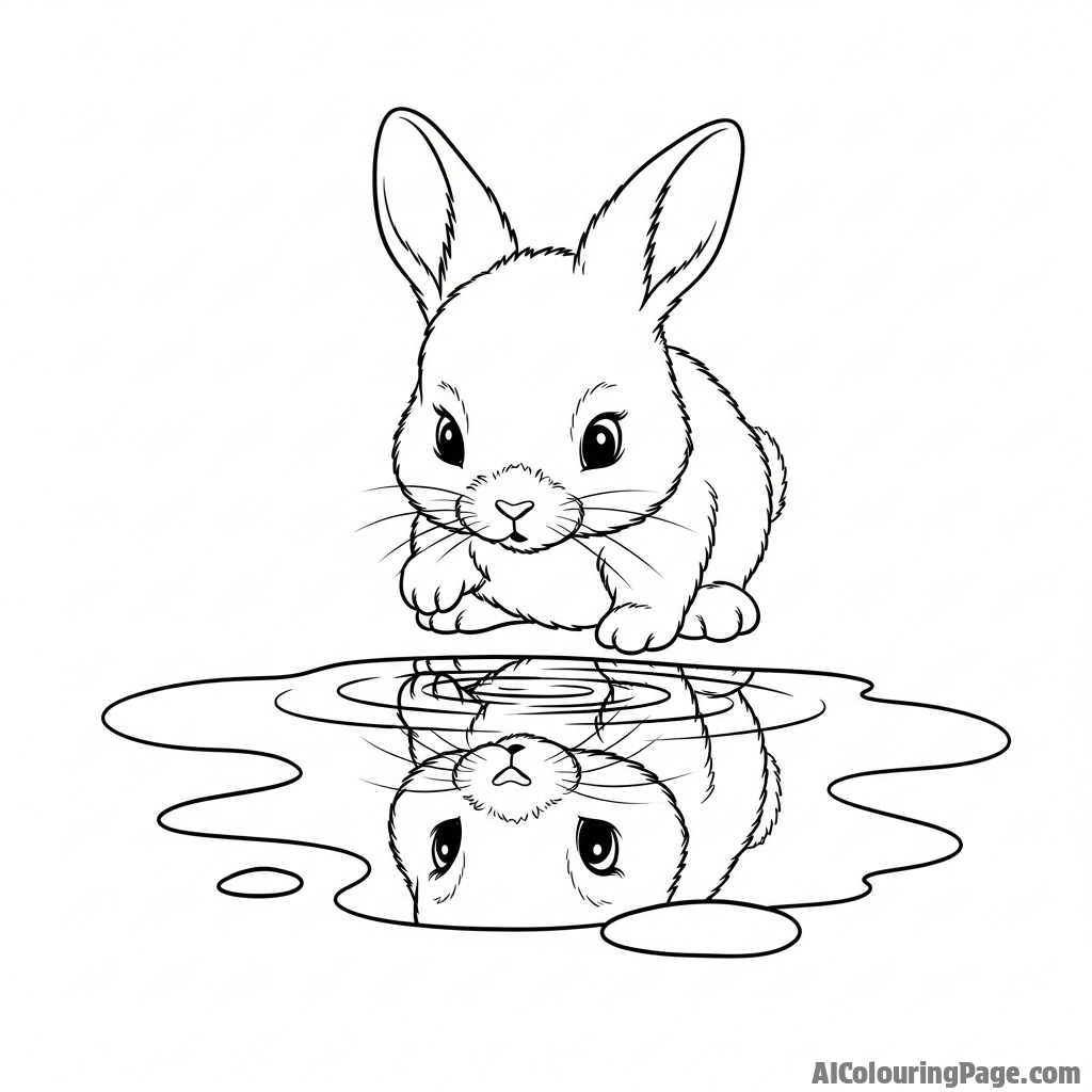A soft-focus shot of a baby bunny discovering its own reflection in a puddle.