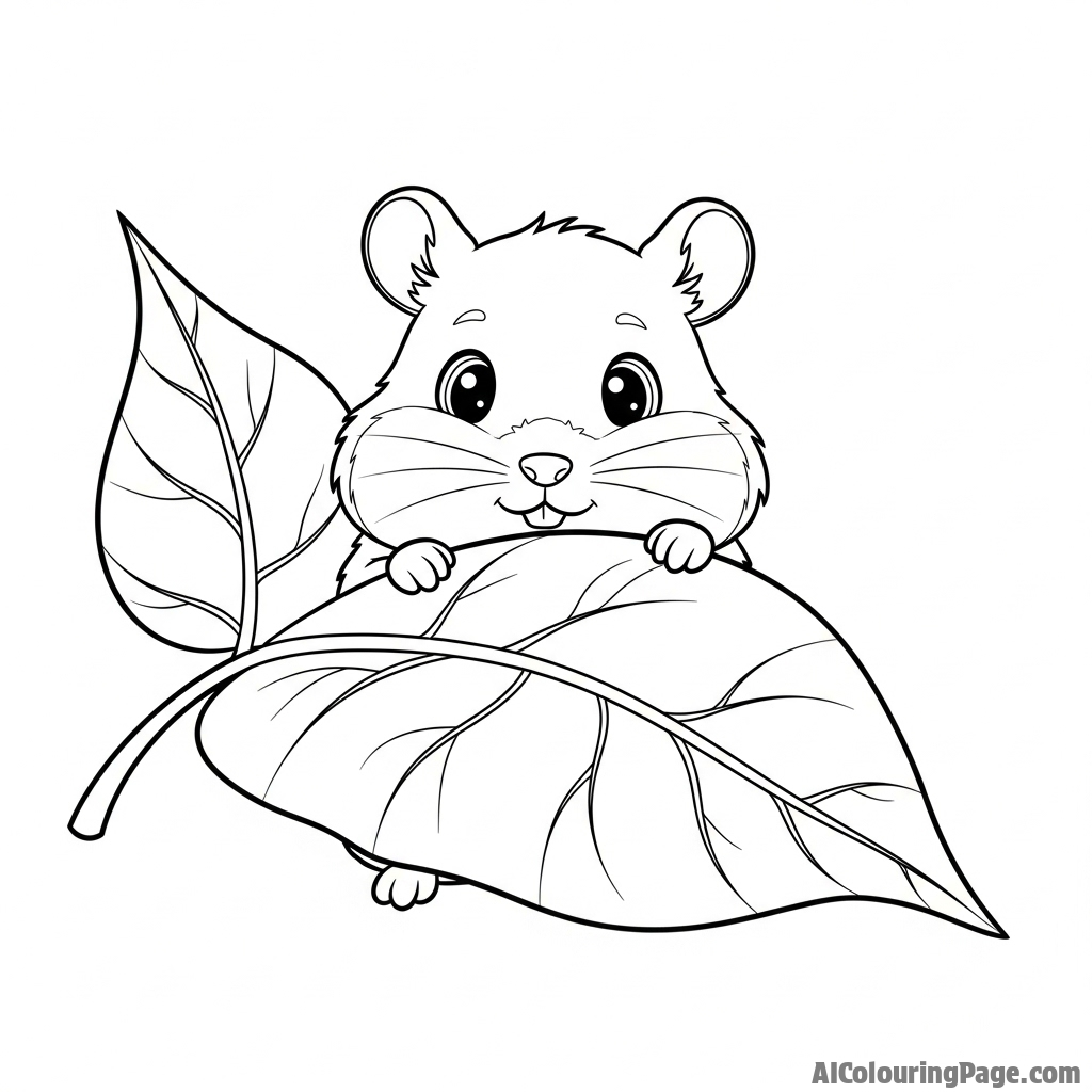 A hamster peeking shyly from behind a large plant leaf