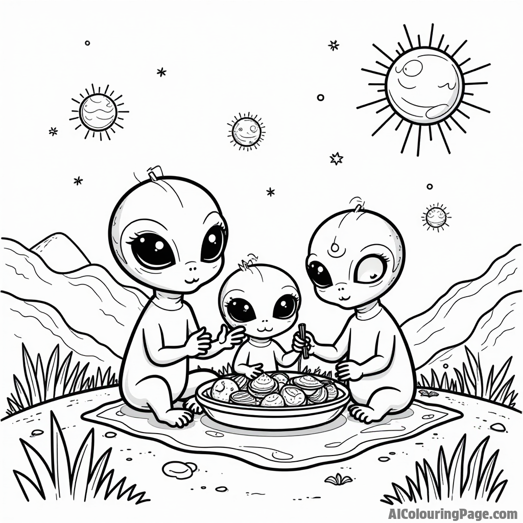 A cute alien family having a picnic on a colorful planet with three suns in the sky, ideal for kids coloring.